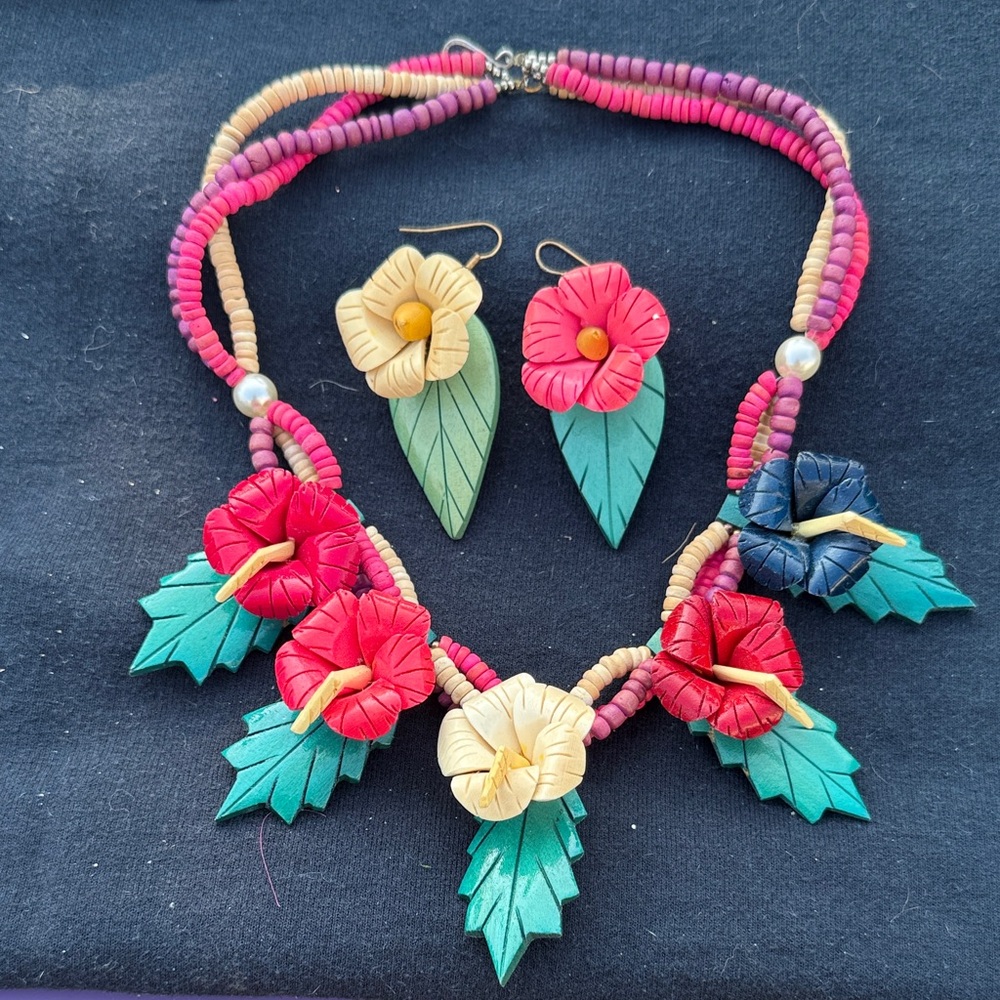 Floral Beaded Necklace and Earring Set